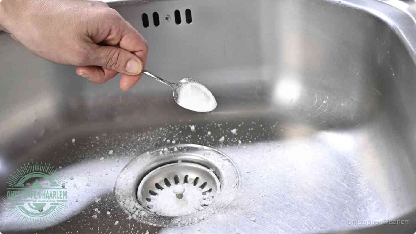 Een hand strooit met een lepel soda in de afvoer van een roestvrijstalen spoelbak, de soda en azijn huismiddel-methode om de afvoer te ontstoppen in Haarlem